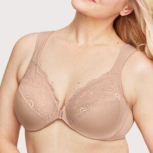 GLAMORISE Front Closure WonderWire Bra 38G Cafe Tan Nude Lace Panels Wide Strap